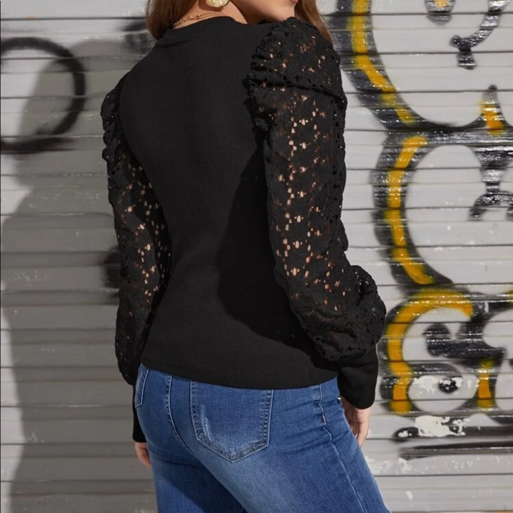 Boho Lace Puff Cuff Long Sleeve Top Blouse - Picture 9 of 11